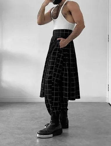 Men's plaid trousers with apron-style front panel in various sizes