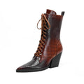 Retro pointed toe chunky heel boots with side zipper and sewing line detail in black