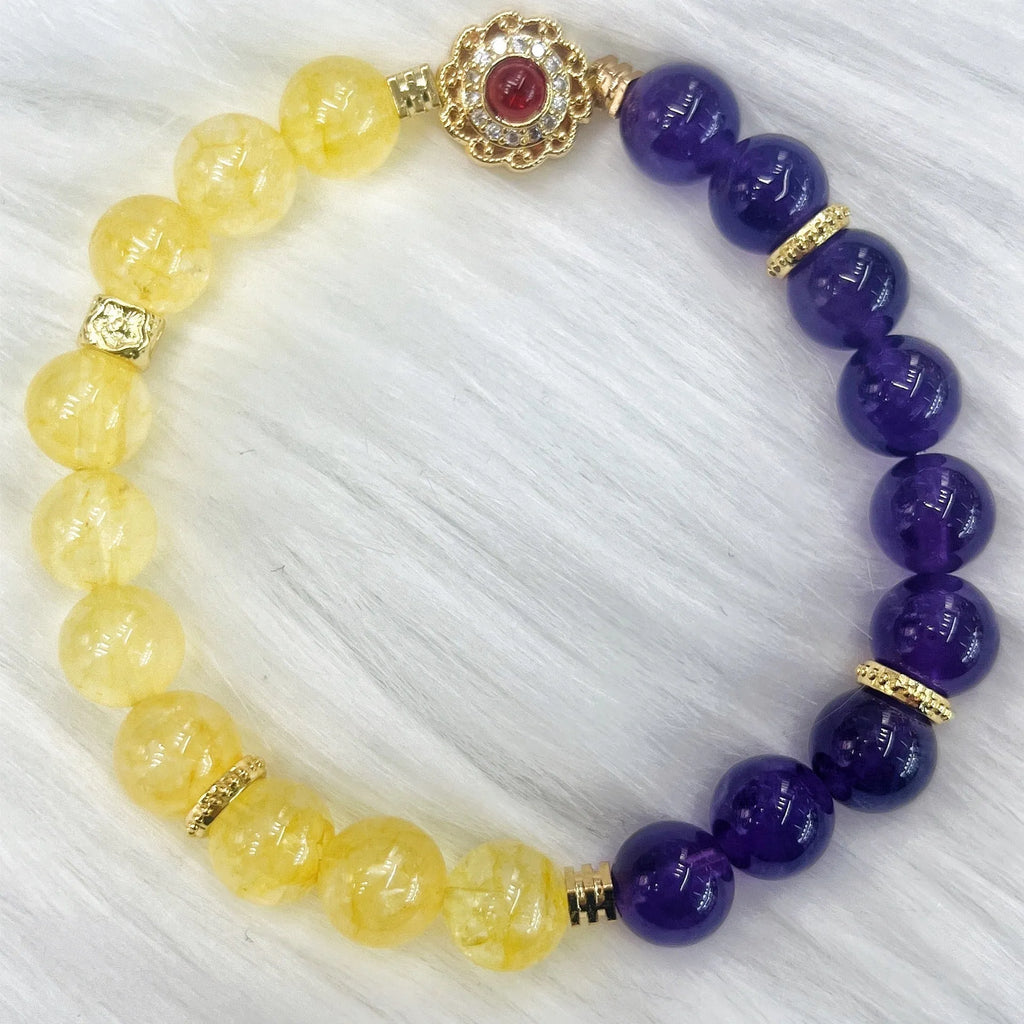 Handmade women's bracelet with yellow and purple amethyst crystal beads