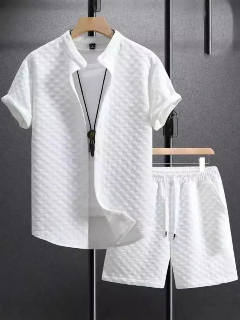 Men's jacquard patterned short-sleeve shirt and matching shorts suit set in a solid colour.