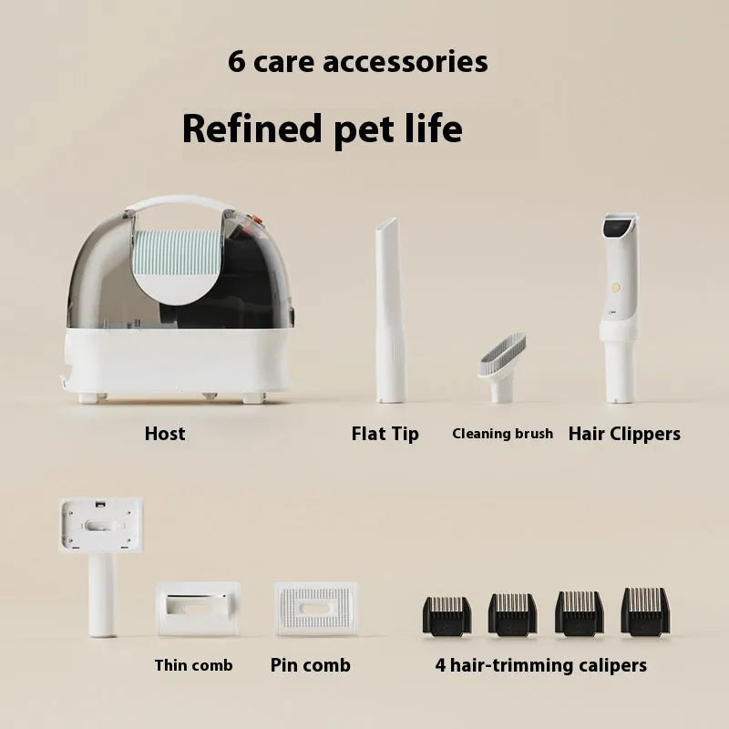 Pink and white pet grooming vacuum cleaner with electric clippers, flat suction head, and grooming tools on a white background