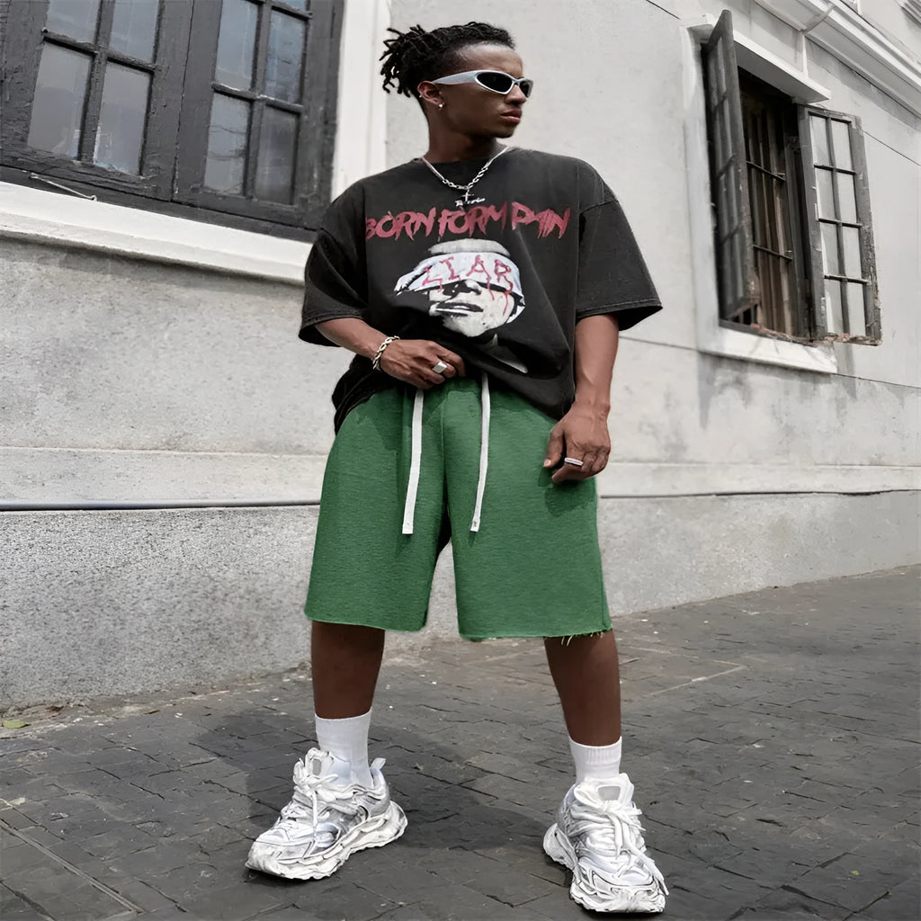 Men's medium long street hip-hop trousers in black, light gray, and green polyester fibre straight leg
