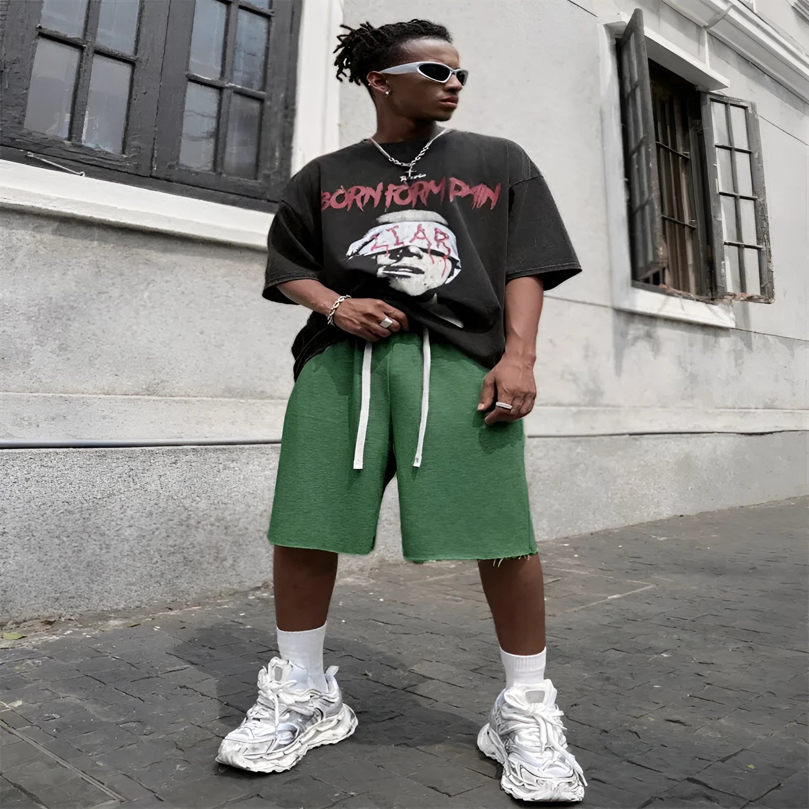 Men's medium long street hip-hop trousers in black, light gray, and green polyester fibre straight leg
