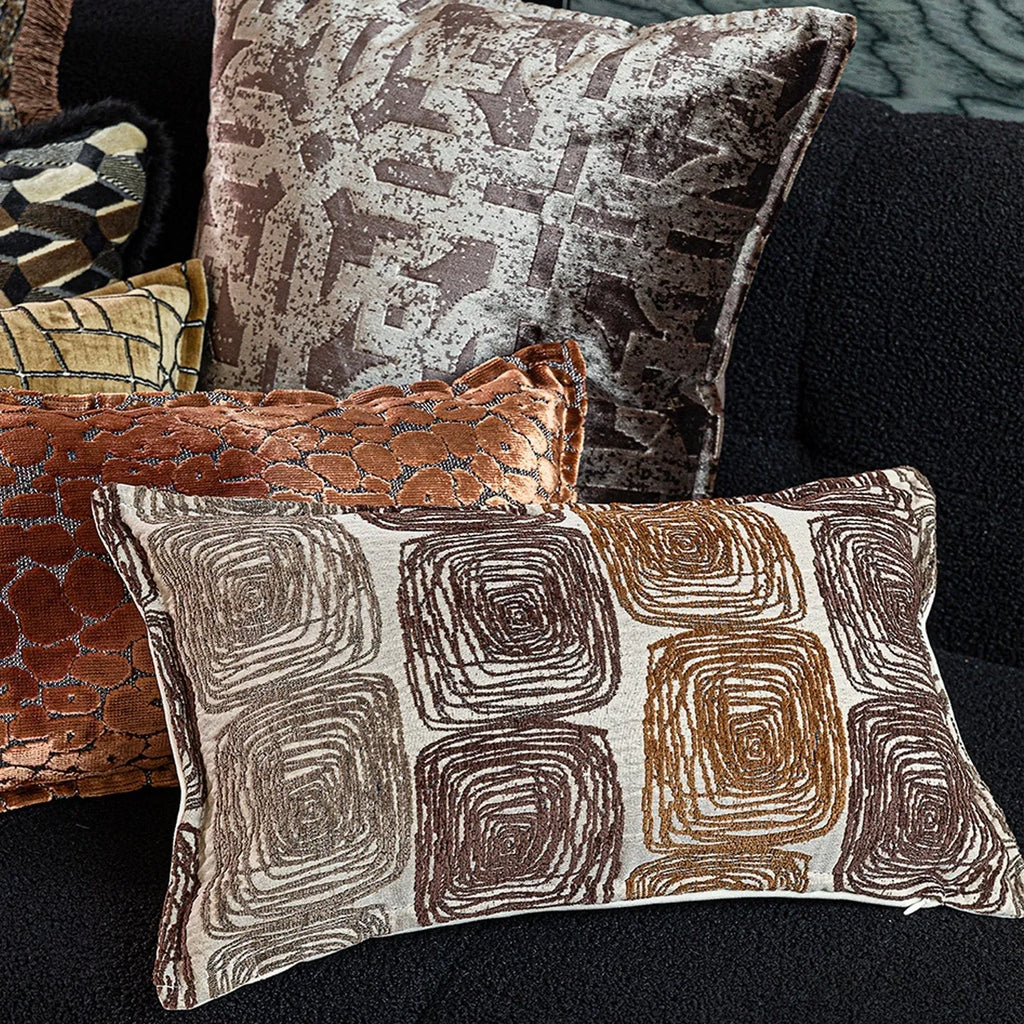 Square cream and coffee abstract coil pillow cover made of feather velvet polyester in 50x50cm or 30x50cm size.