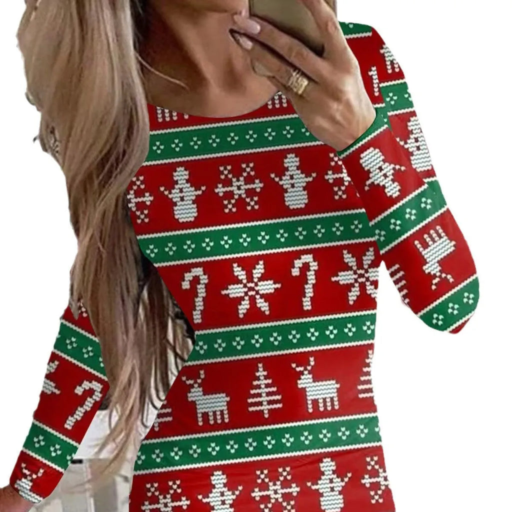Women's Christmas printed dress with animal patterns, round neck, long sleeves, and hip skirt cut