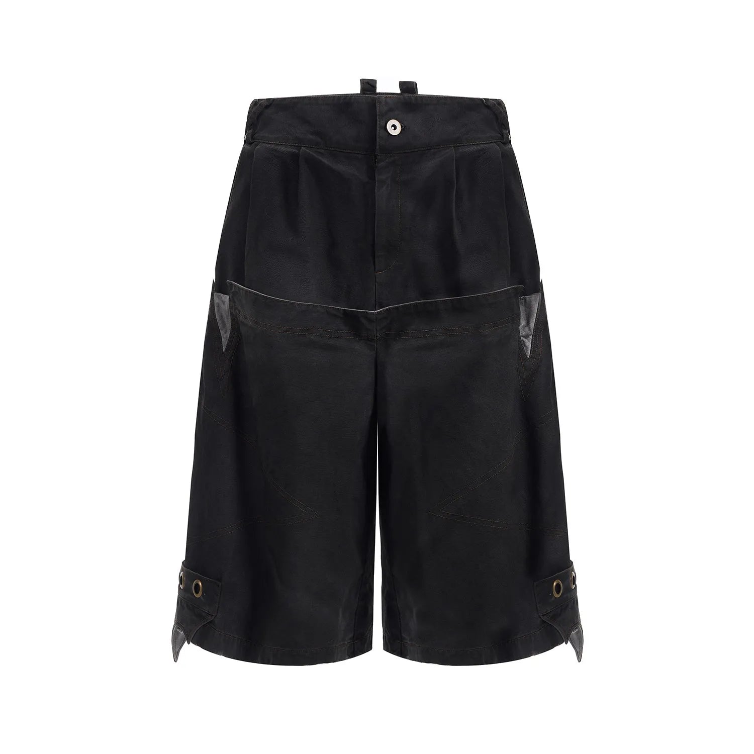 Men's double waist loose cropped black pants with washed stitching, front view showing mid-high waist and cropped length