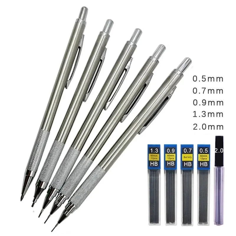 Silver metal automatic mechanical pencil with various lead size options shown.