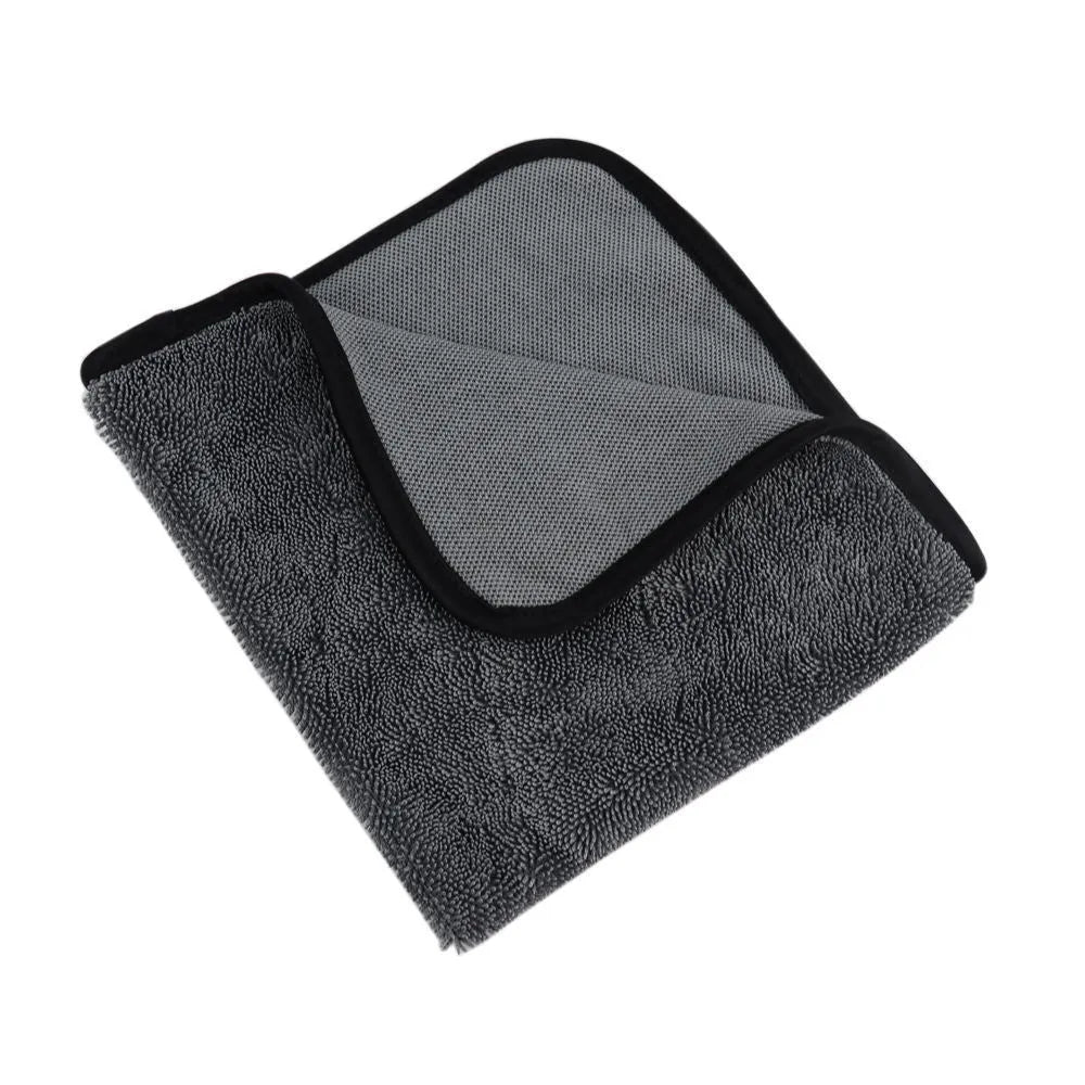 Grey 40x40cm square microfiber car wash and drying towel laid flat