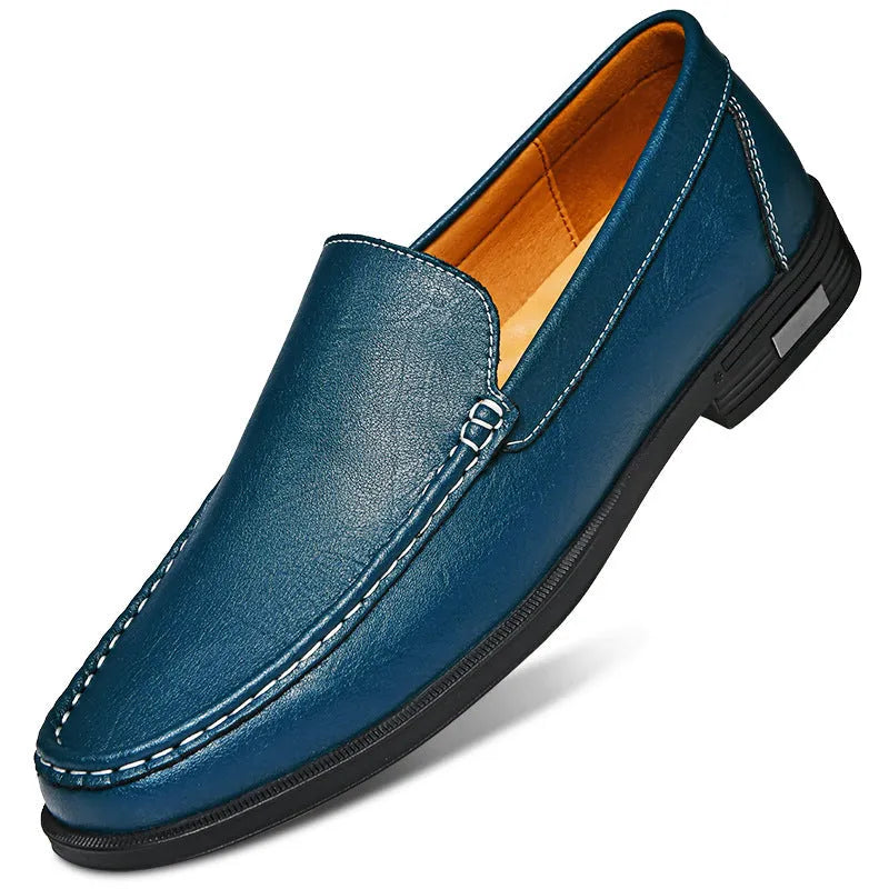 Breathable brown leather casual shoes for men with round toe, car-stitching detail, and leather covers