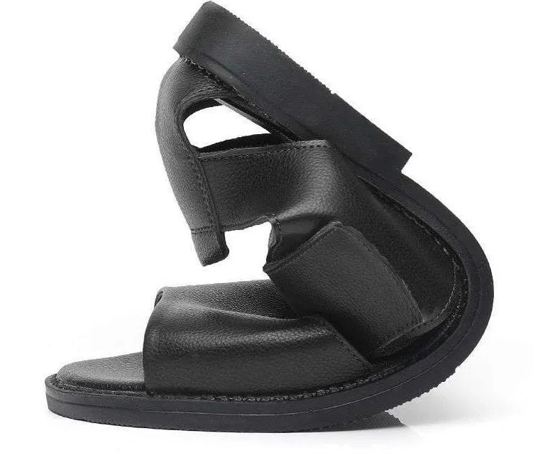 Men's black and brown casual leather sandals with open-toe design and rubber sole
