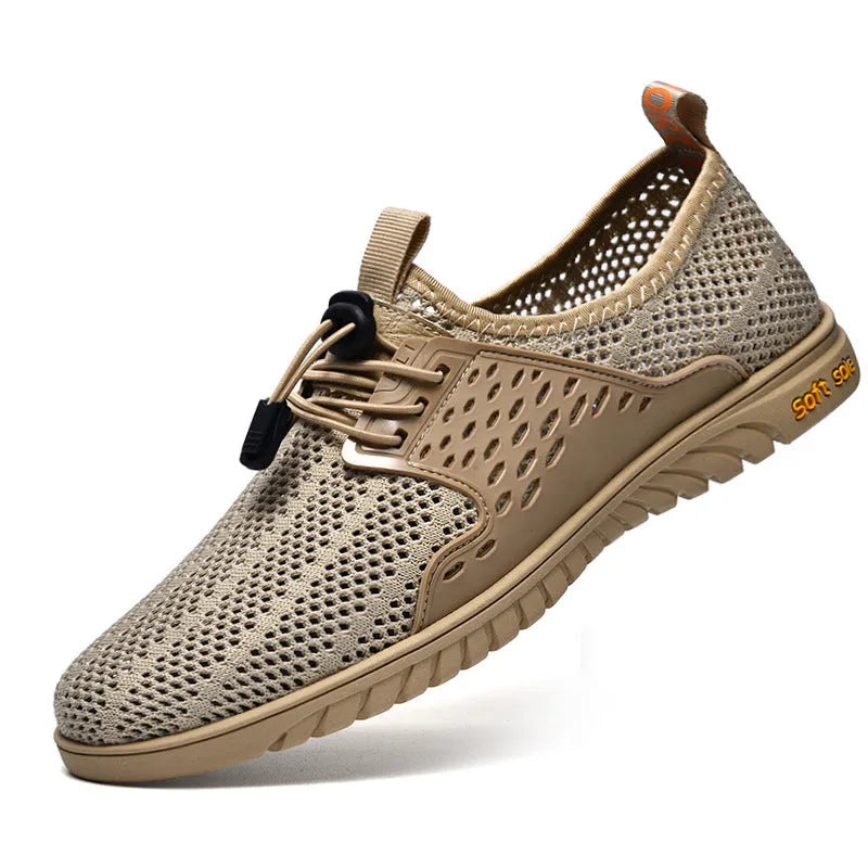 Men's breathable mesh casual shoes with elastic band closure in black, grey or sand colour