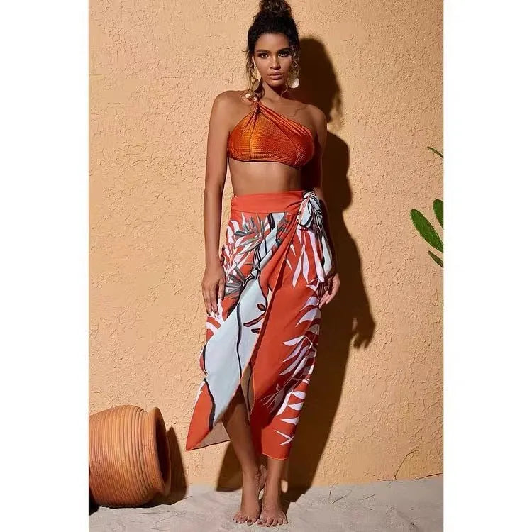 Women's push up bikini high waist split swimsuit with chiffon dress overlay in black brown and green nylon polyester fabric