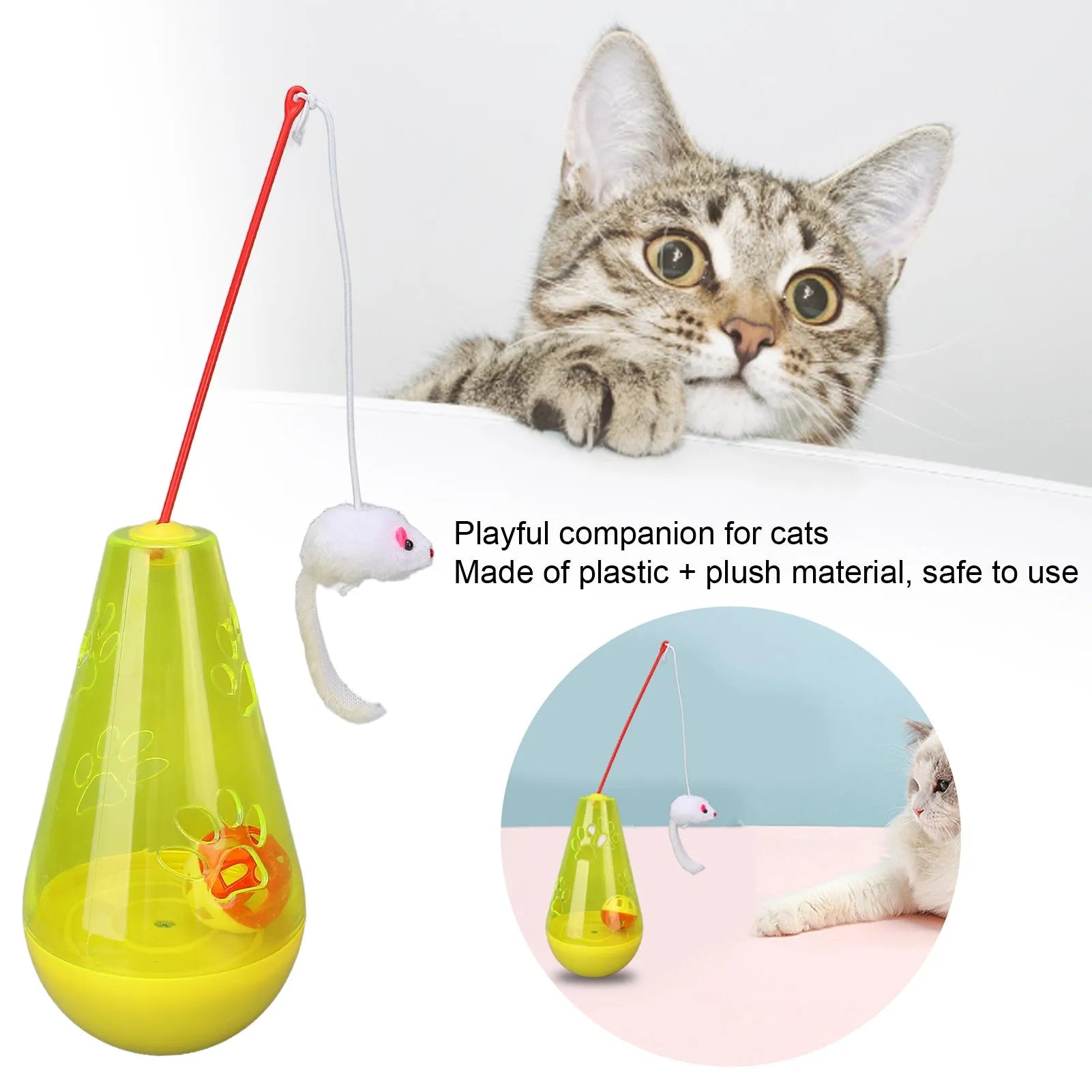 Cat toy with built-in bell ball and plush mouse stick on floor, blue colour, 30cm height