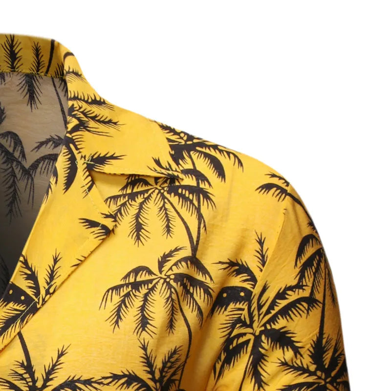 Men's loose lapel print top long sleeve polyester casual shirt in light blue, white, and yellow