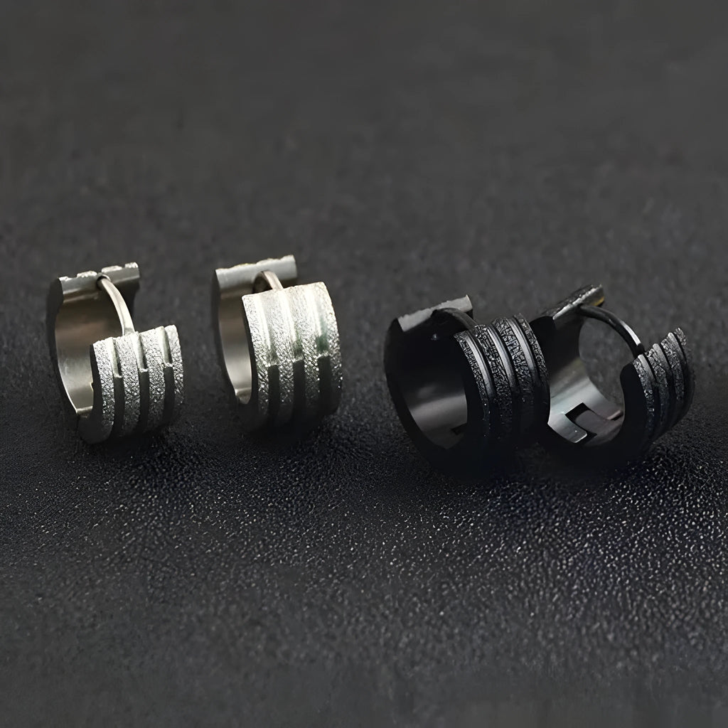 Korean style three-line frosted geometric titanium steel earrings in black, gold, and steel colours