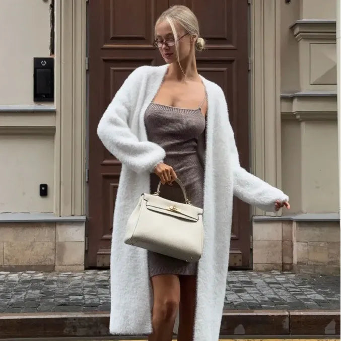 White long length women's cardigan sweater jacket with loose fit and regular sleeves