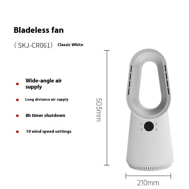 White bladeless tower fan with remote control and touch screen buttons for floor or desktop use