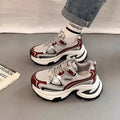 Women's mesh breathable clunky platform sneakers in silver with low-top lace-up design and non-slip rubber sole