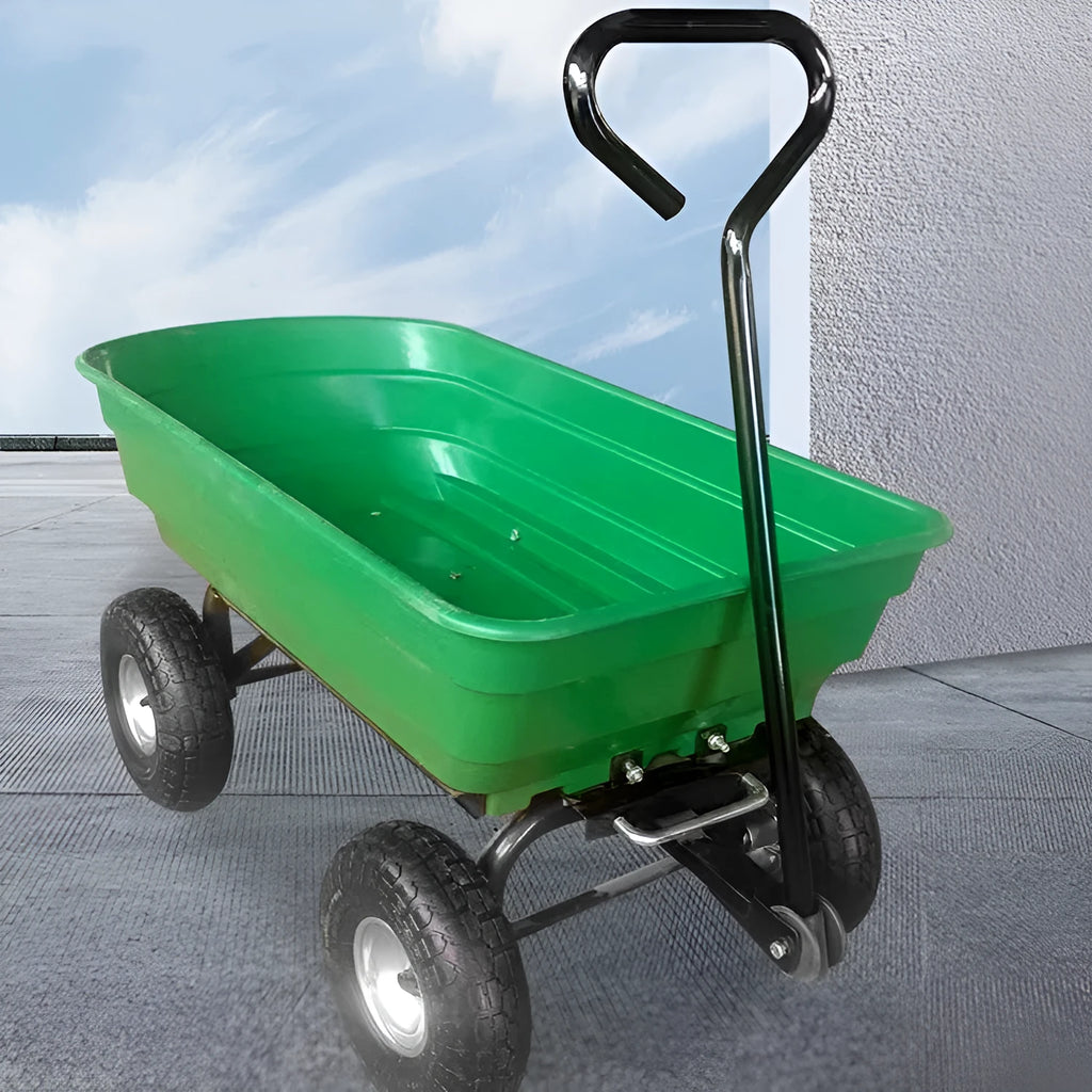 Green four-wheel plastic dump truck with steel PP construction for garden and farm material transport