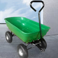 Green four-wheel plastic dump truck with steel PP construction for garden and farm material transport