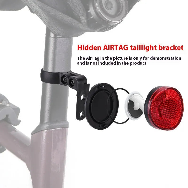 Red plastic positioning anti-theft taillight bracket attached to bicycle seat post