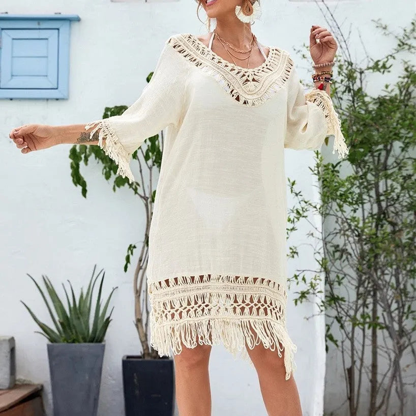 Apricot crochet patchwork beach dress with free size fit and street hipster style