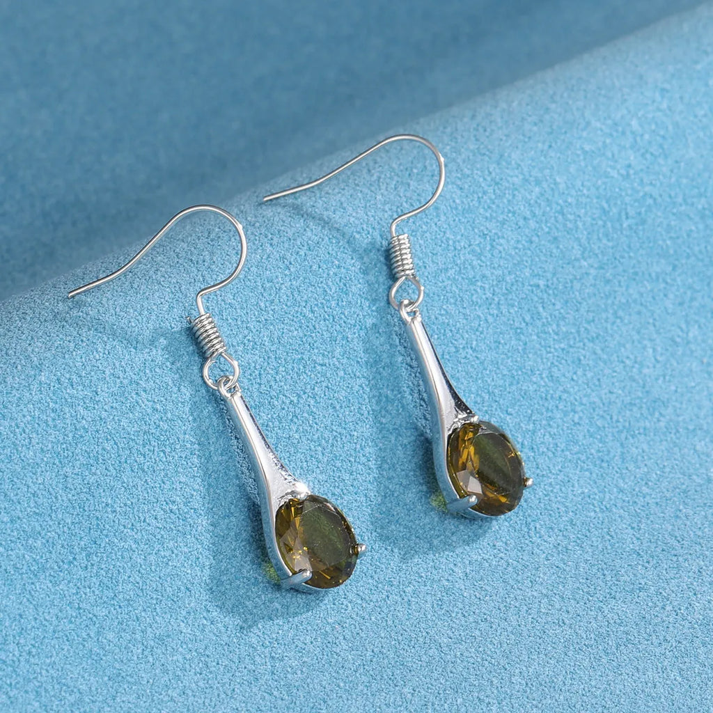 Olive green topaz drop earrings with water drop shape in retro electroplated alloy design