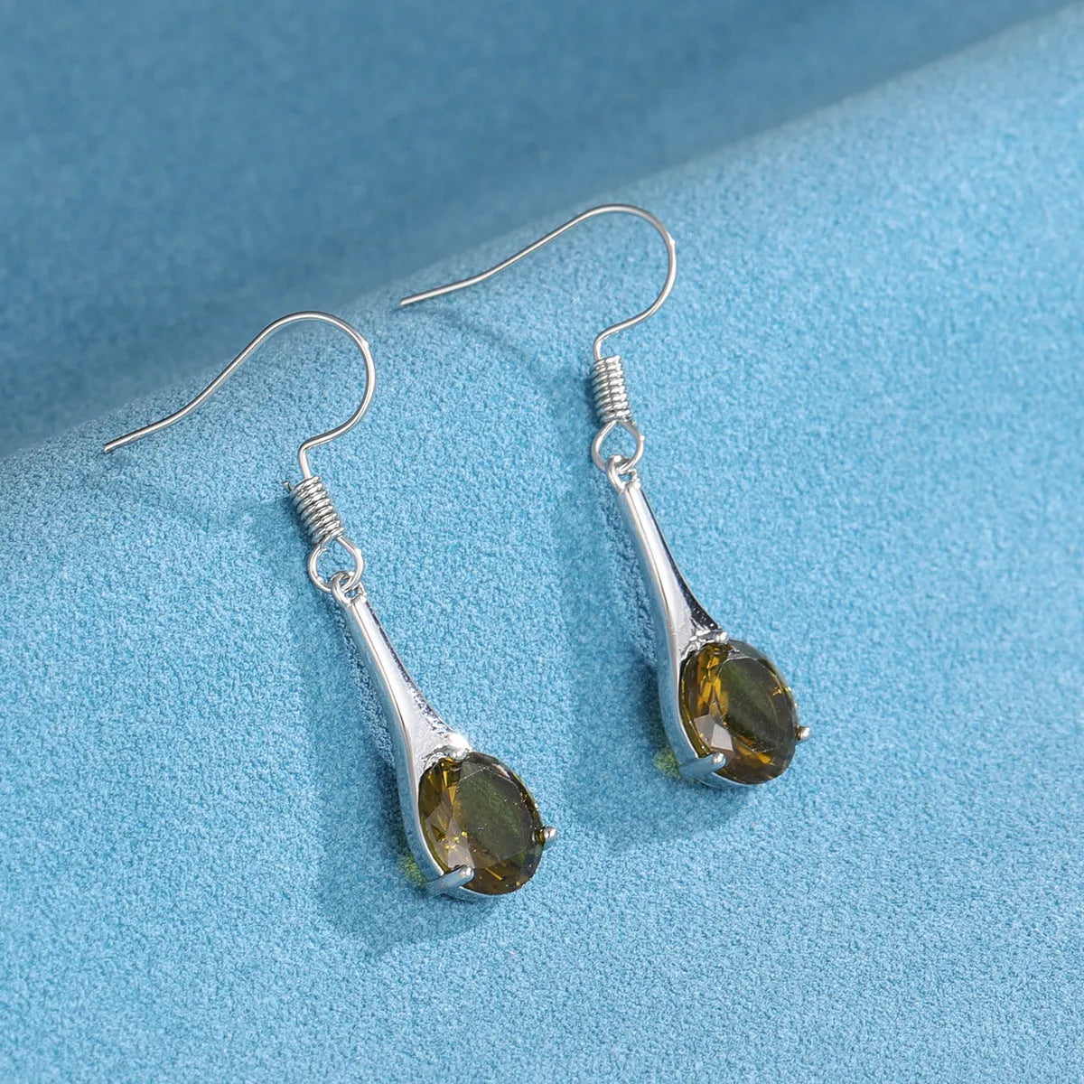 Olive green topaz drop earrings with water drop shape in retro electroplated alloy design