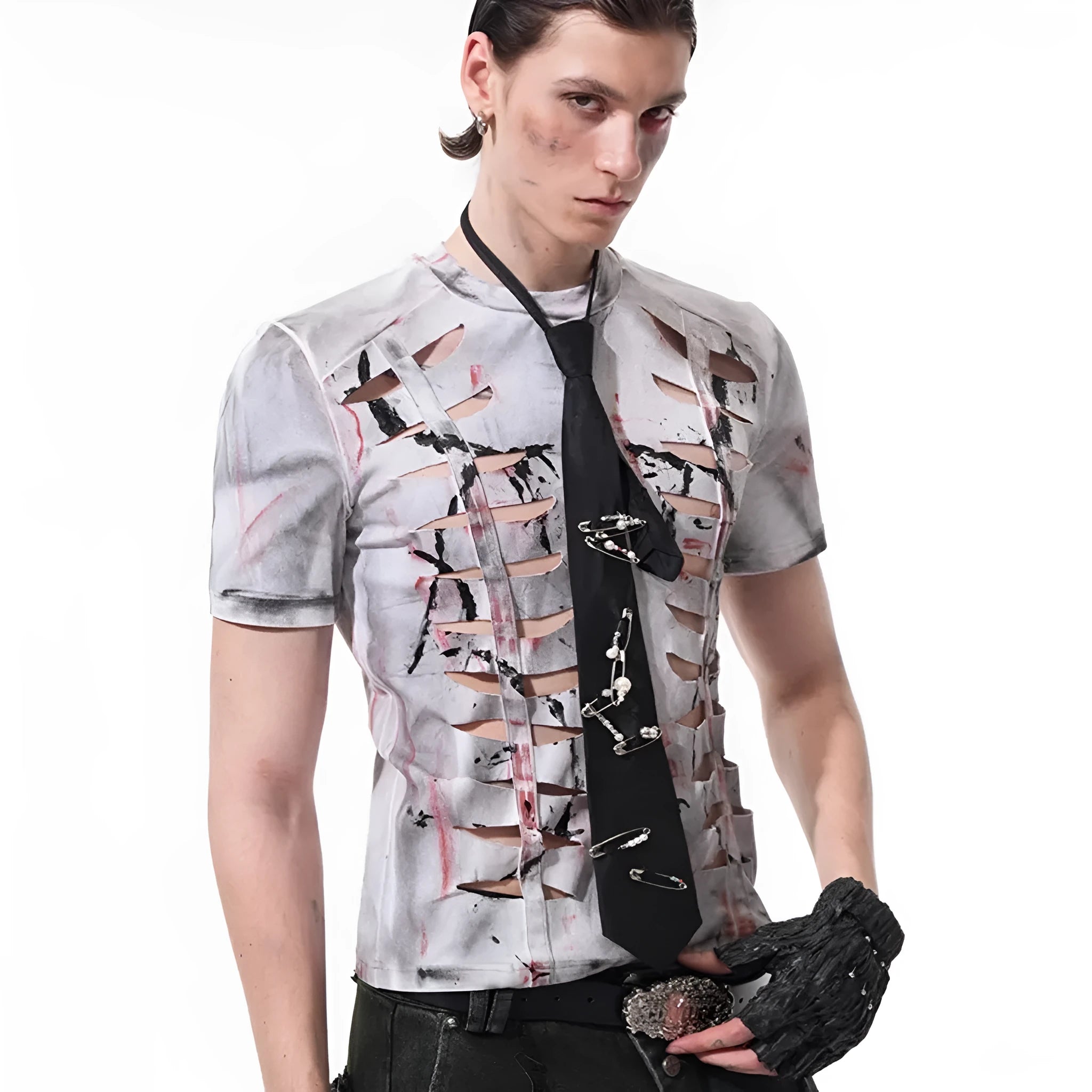 Men's white cut hollow-out tight short T-shirt with stretch short sleeves and round neck on a person