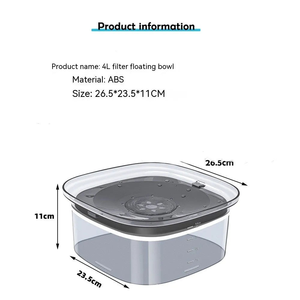 Transparent 70oz/2L dog water bowl with visible water level and floating disk