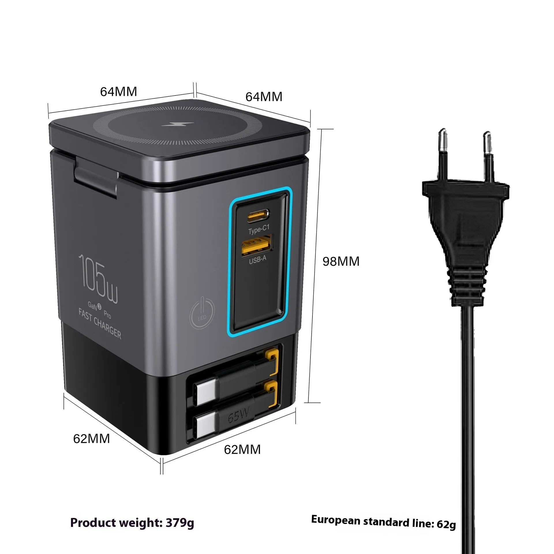 105W GaN magnetic wireless charger in black with interchangeable UK EU US AU power plugs