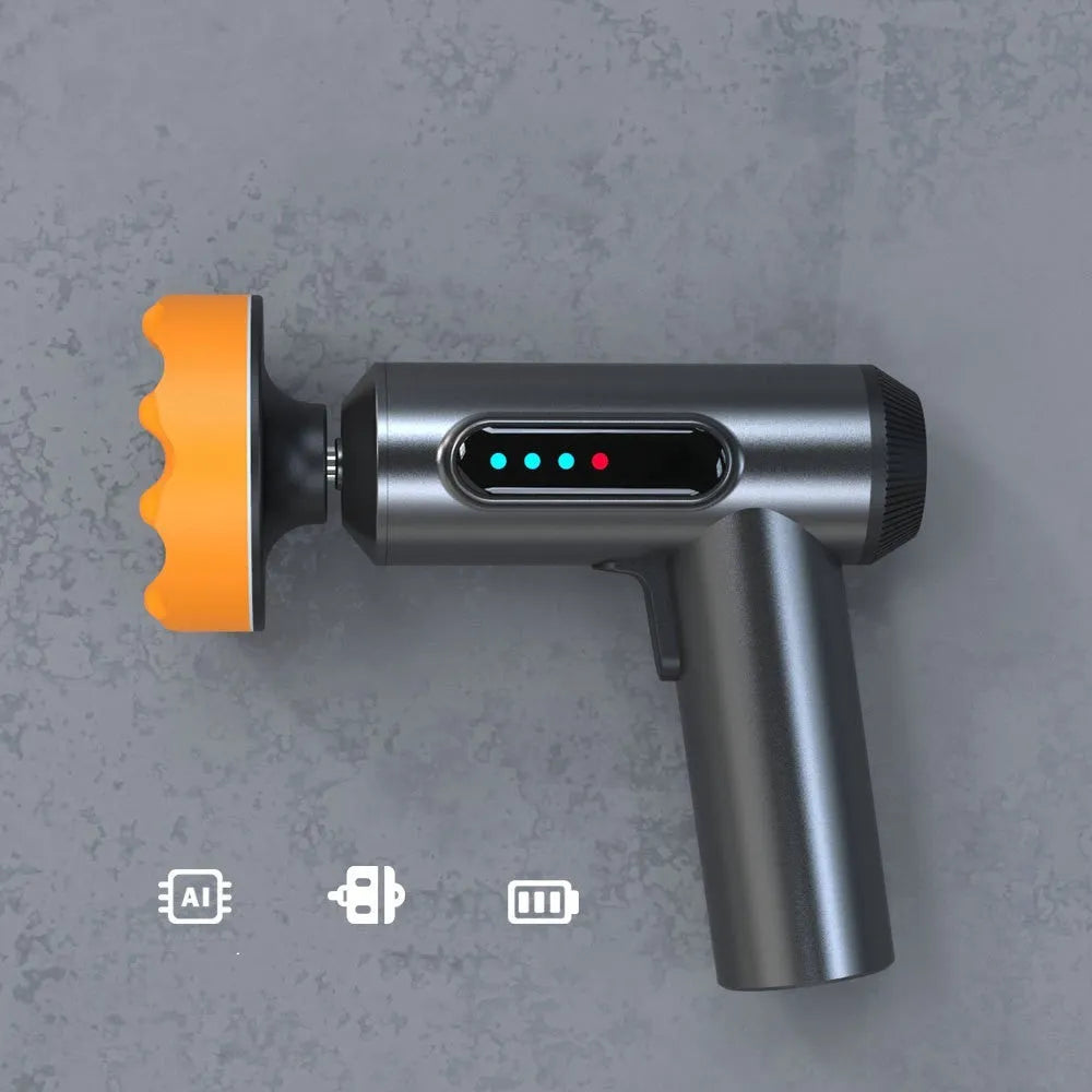 Wireless lithium battery waxing and polishing machine with a white plastic body and a grey polishing disc.