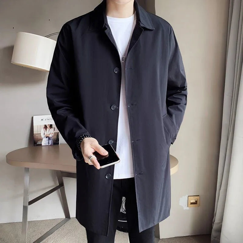 Men's mid-length loose rabbit fur trench coat in khaki, front view, showing relaxed fit