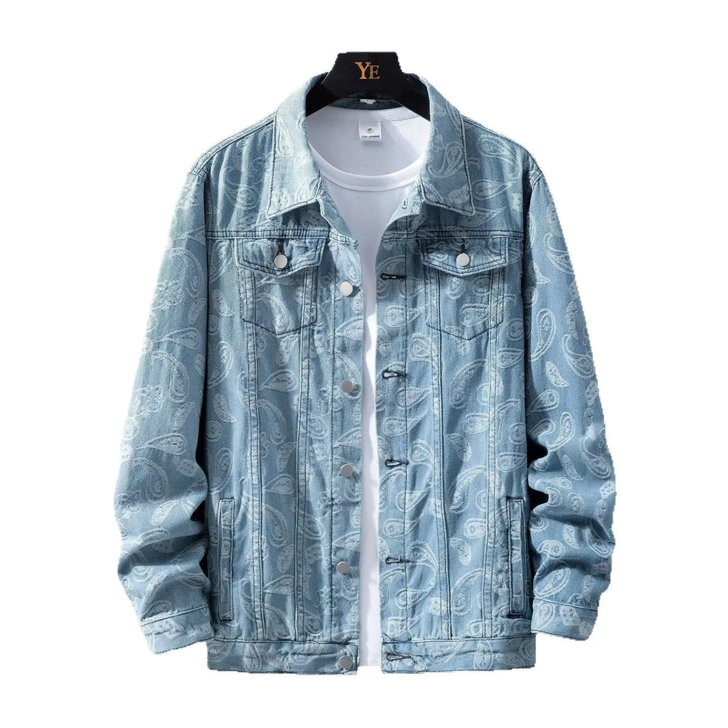 Men's slim-fit solid colour denim casual coat with patch pockets, available in black, dark blue, and light blue
