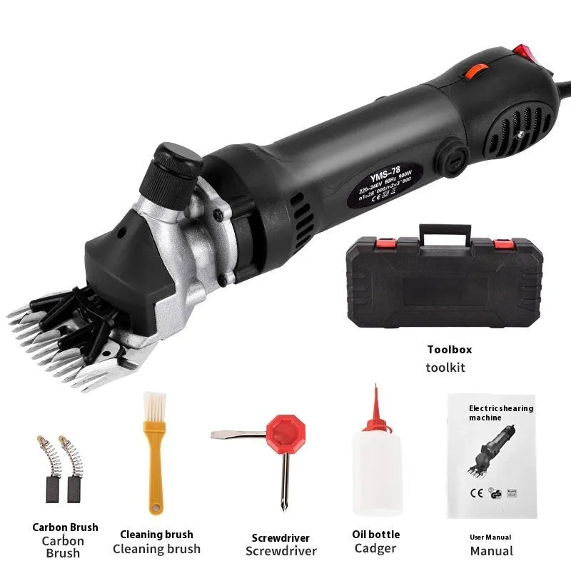 Yellow American 110V electric wool shearing clippers kit with multiple blade sets and maintenance tools