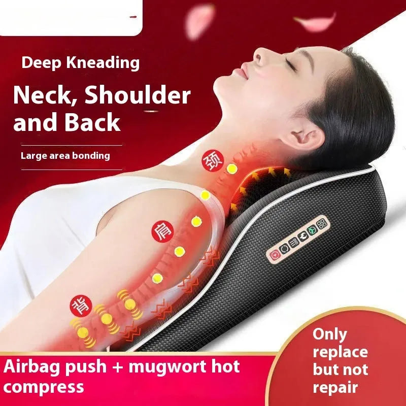 Intelligent multifunctional massage pillow with remote control, hot compress, and argy wormwood in luxury configuration on a sofa