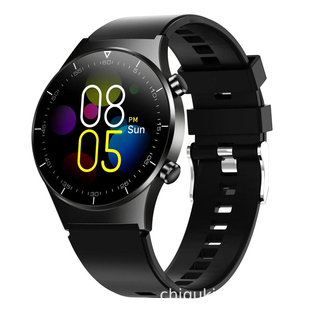 Black smart watch with heart rate monitoring on TPU wristband showing 1.28-inch glass touch screen