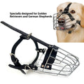 Black metal dog muzzle designed for Golden Retrievers and German Shepherds, showing adjustable nose piece.