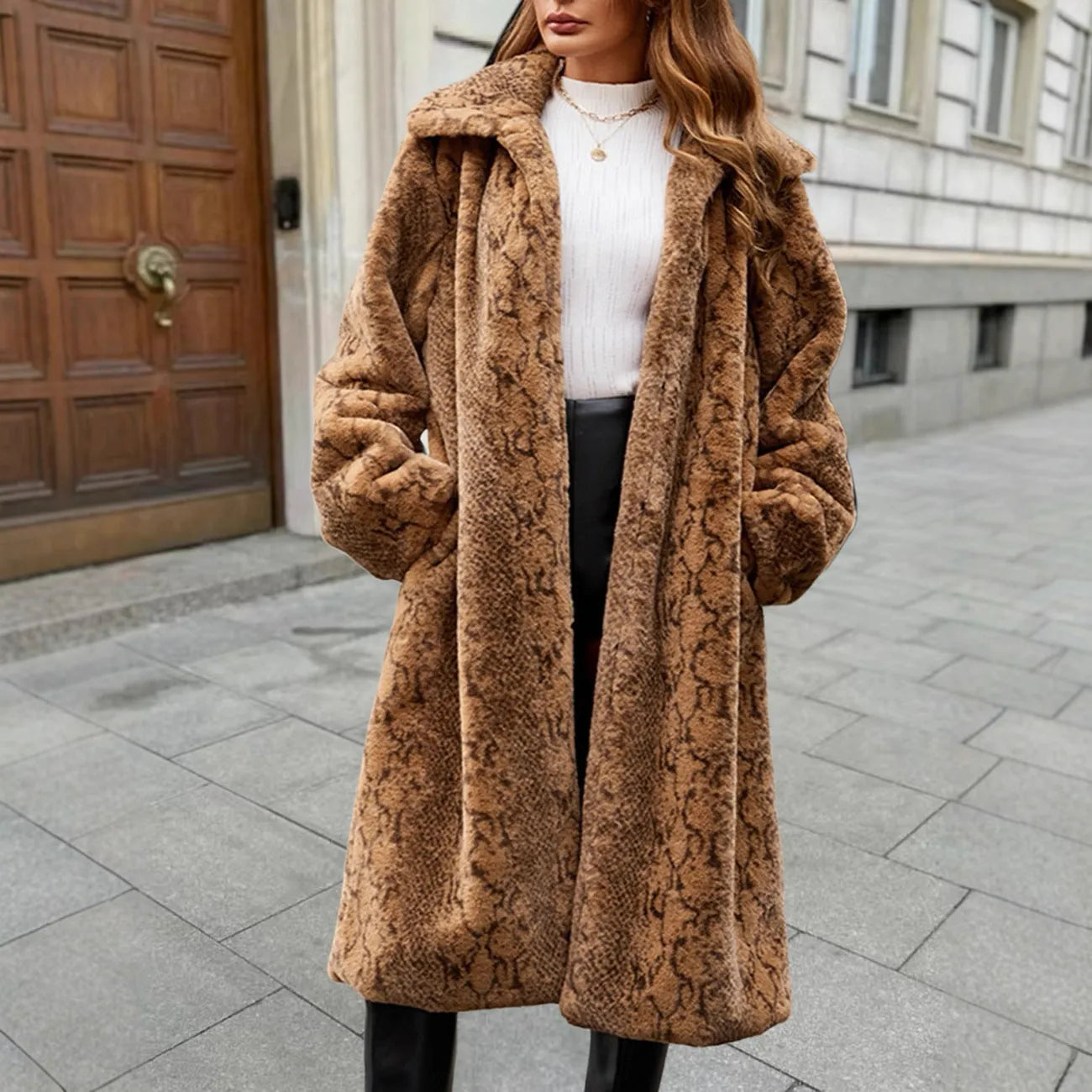 Women's long faux fur plush coat in leopard print pattern with 80cm over-the-knee length.