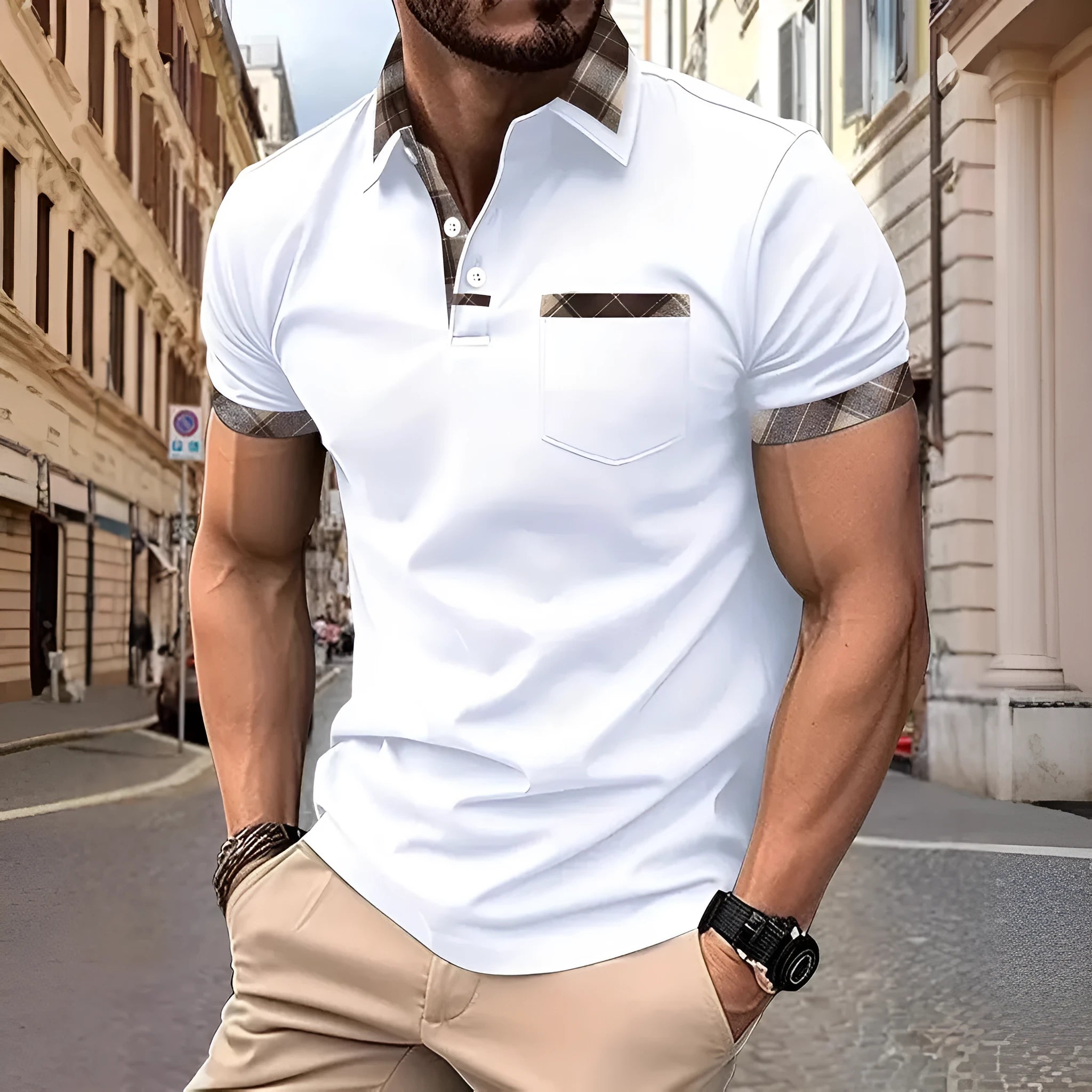 Men's plaid colourblock t-shirt with zipper decoration detail on front