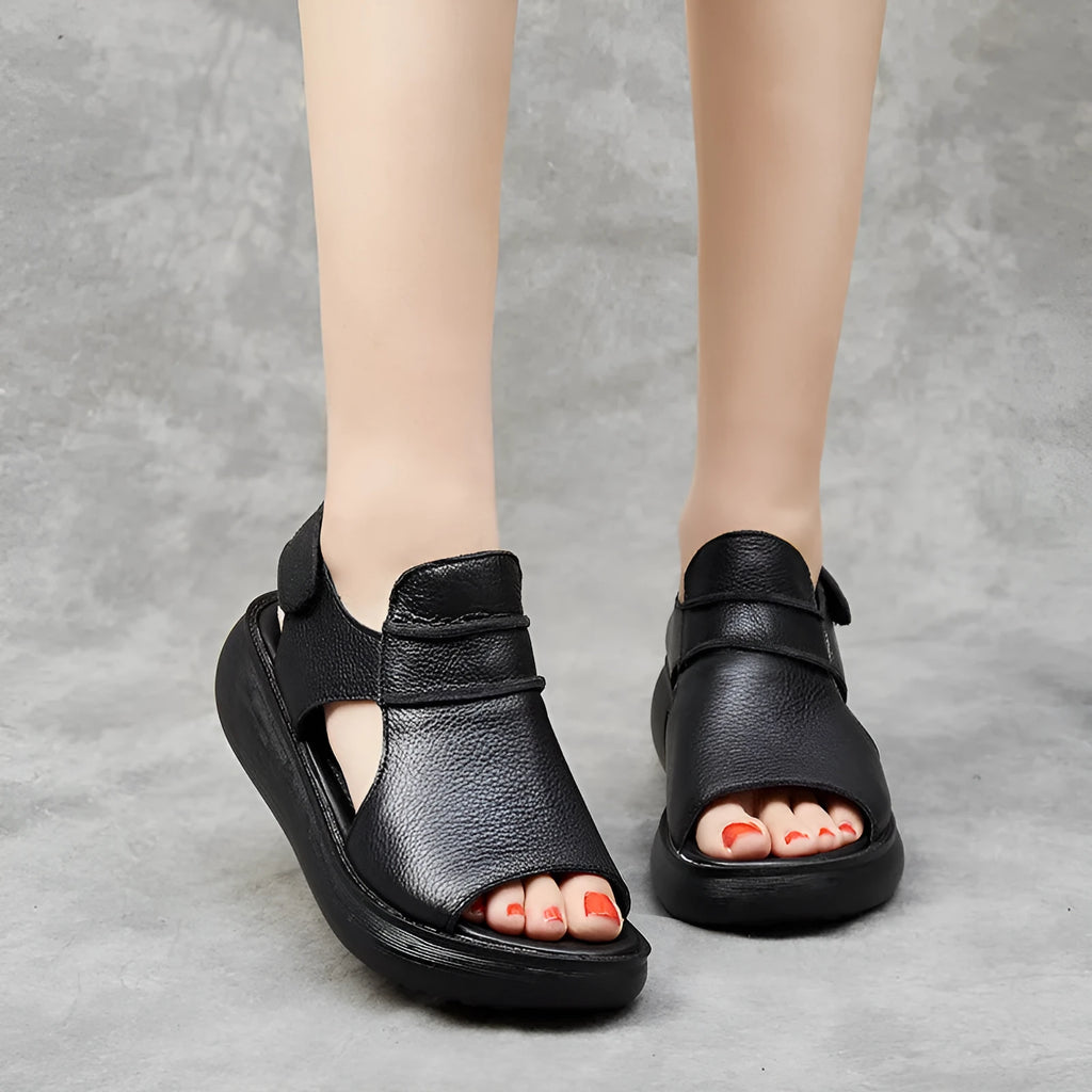 Women's peep toe casual sandals in genuine cowhide leather with raised bottom sole, white colour