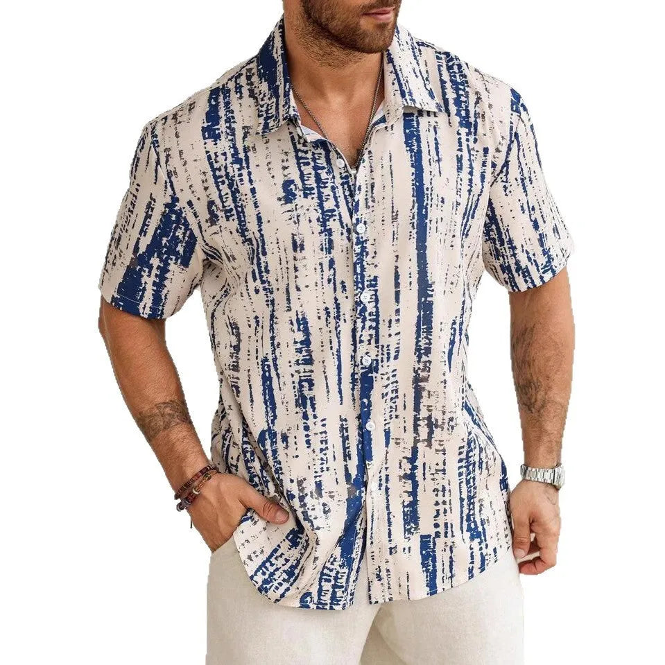 Men's striped short sleeve shirt in light blue with 3D printed pattern and button front