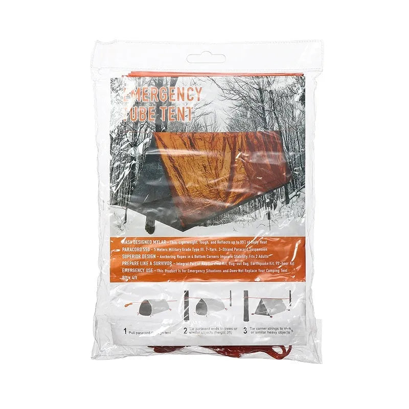 Orange portable disaster relief tent shown with optional sleeping bag and emergency blanket for outdoor use.