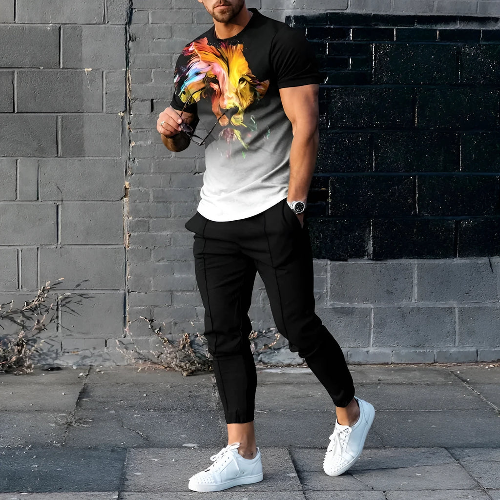 Man wearing a short-sleeved printed pullover and matching trousers from a polyester sport suit set.