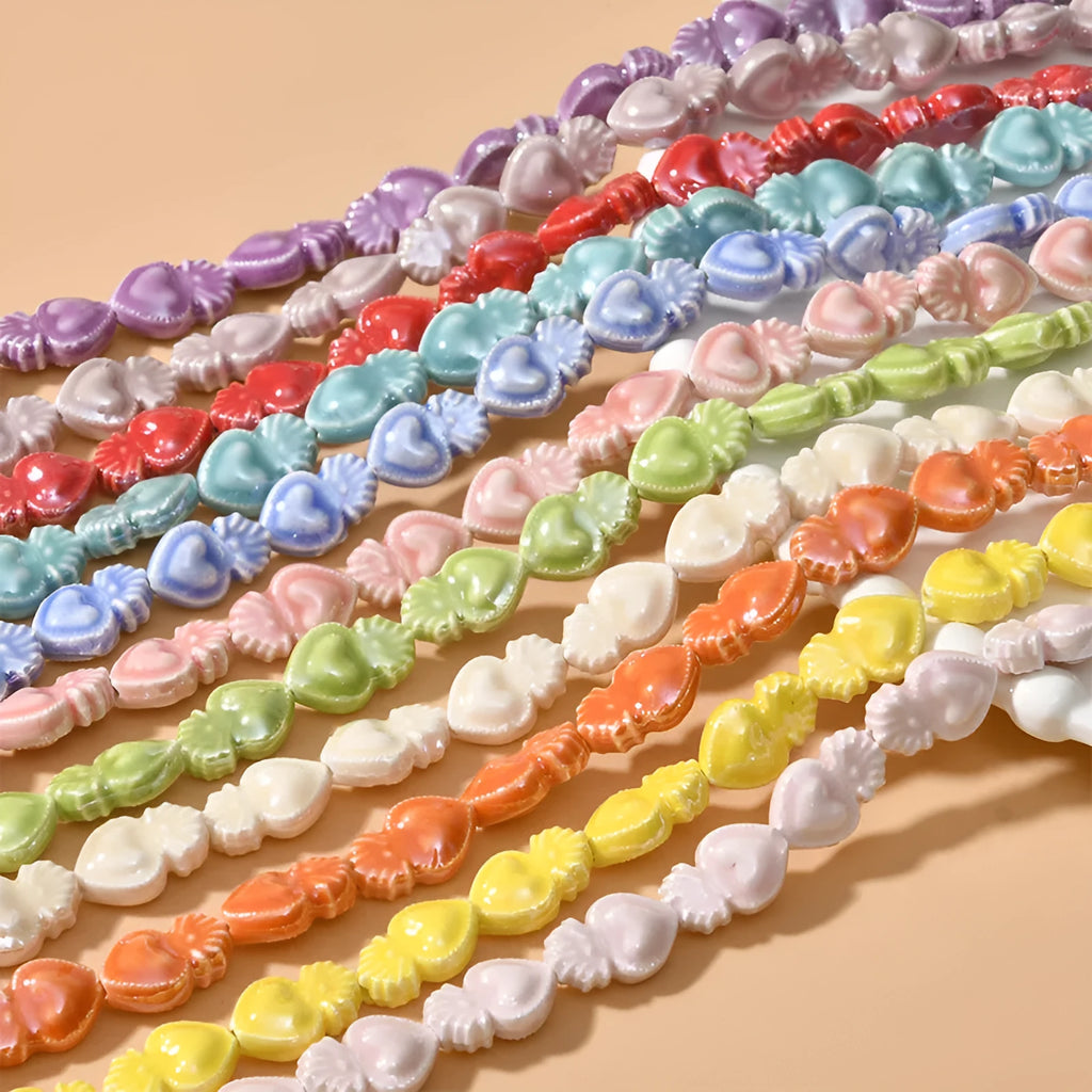 Ceramic love heart beads in assorted colours, 10x15mm with 1.7mm hole, 20-piece pack