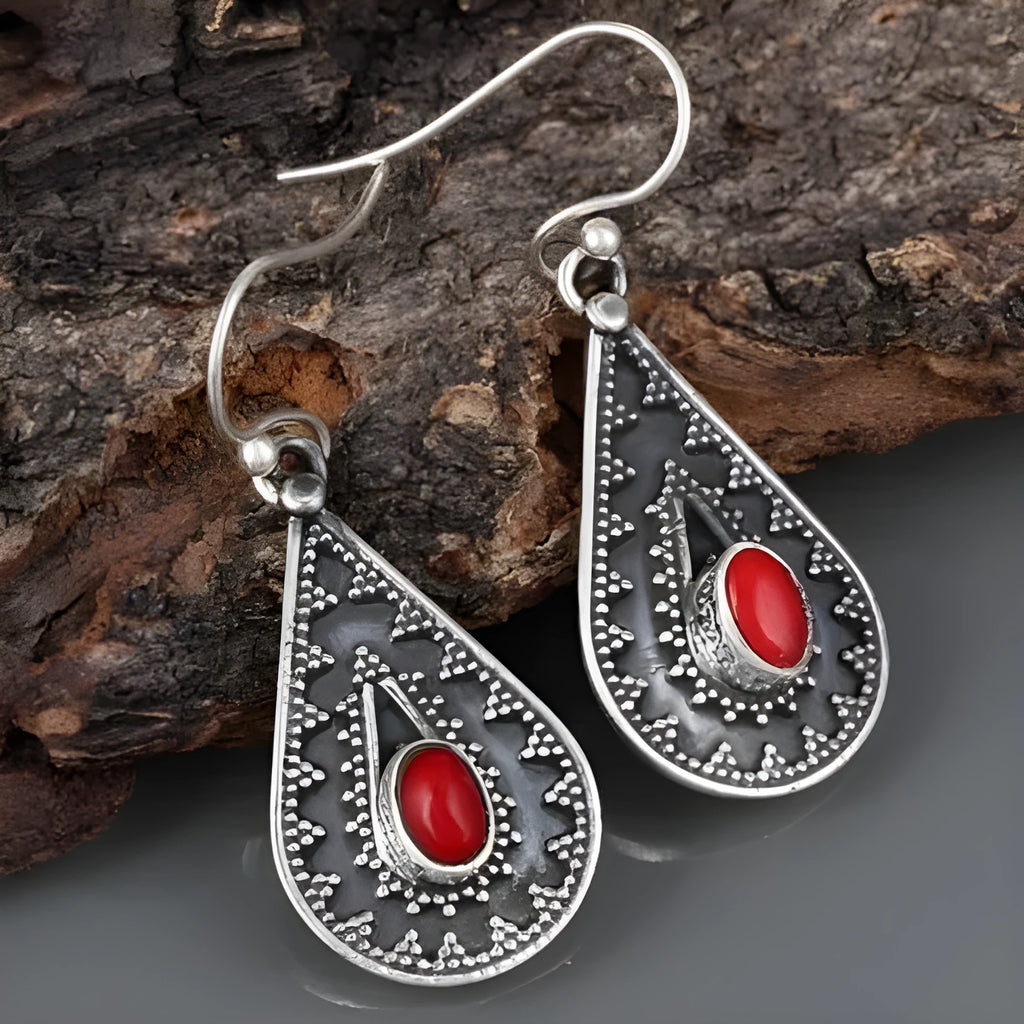 Silver water drop earrings with red pine gemstone in retro style for women