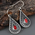 Silver water drop earrings with red pine gemstone in retro style for women