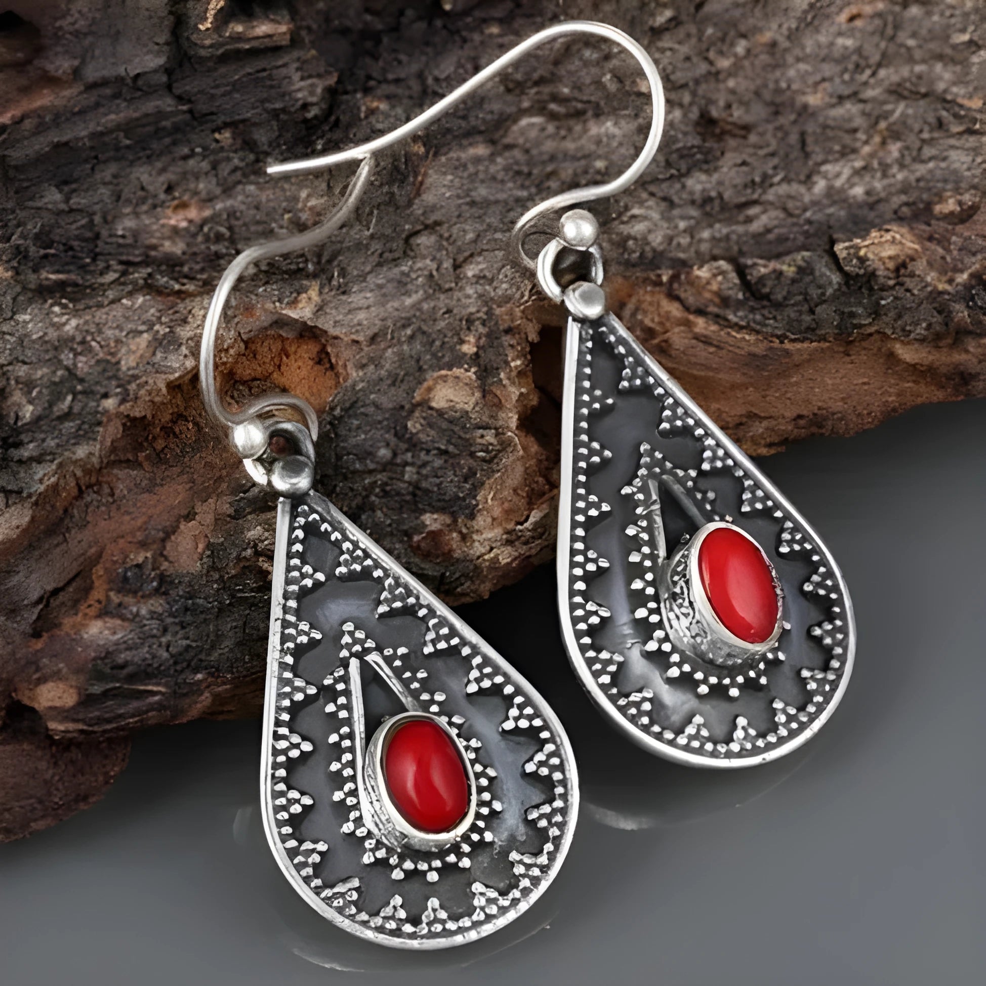 Silver water drop earrings with red pine gemstone in retro style for women