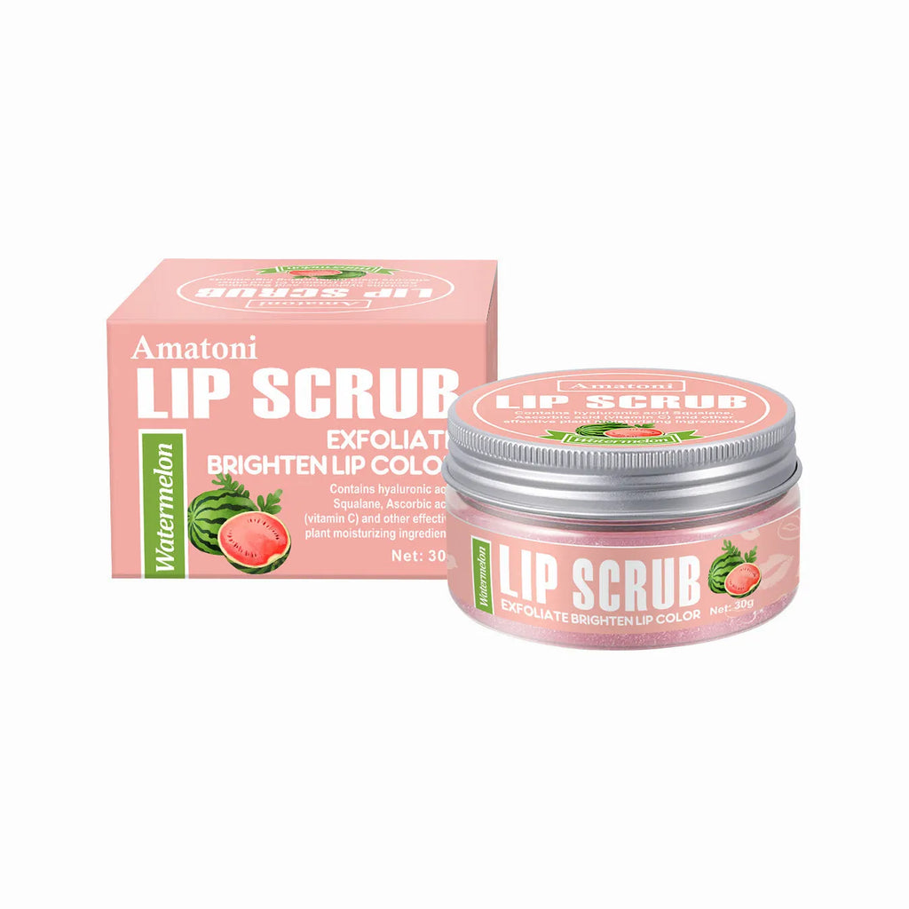 Amatoni 30g lip scrub cream pot in fruit flavours for exfoliating and moisturising lip care