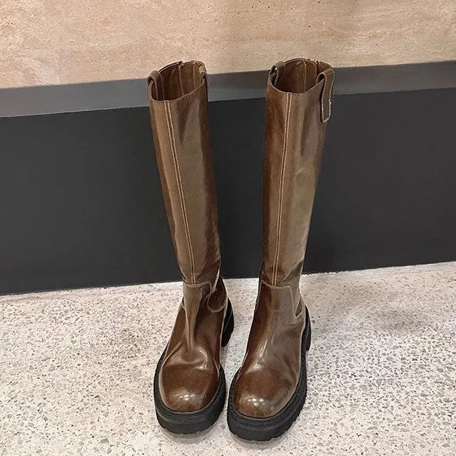 Round head chunky heel long tube knight boots in black, back zipper, microfiber upper, sizes 35-40